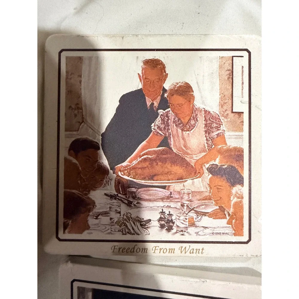 Norman Rockwell Four Freedoms Ceramic Coasters Set 4 Unisex Cream Americana Art